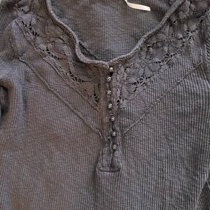 Free People gray thermal top with cotton embroidery lace
